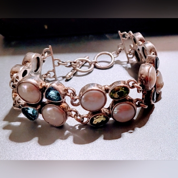 Vintage Sterling silver Three Stone Toggle design pattern Gemstone Bracelet. - Picture 11 of 15